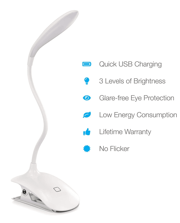 Clip-On Reading Light - 16 Eye Protection LEDs with 3 Brightness Levels, USB Rechargeable Bed and Book Light, - Image 2