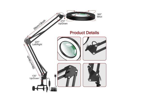 LED Magnifying Lamp with Clamp,3 Color Modes Real Glass Lens, Adjustable Swivel Arm Lighted Magnifier Table Light for Reading - Image 3