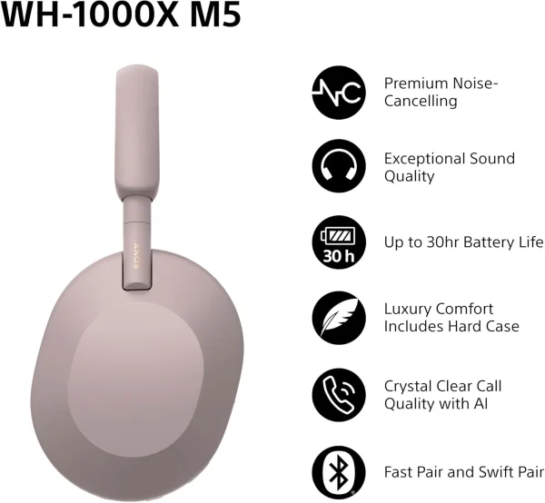 Sony WH-1000XM5 Wireless Noise Cancelling Over-Ear Headphones with Hi-Res Audio & 30Hr Battery – Smoky Pink - Image 3