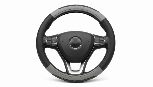 Deluxe Grey & Black Leather Steering Wheel Cover – Universal Fit - Image 3