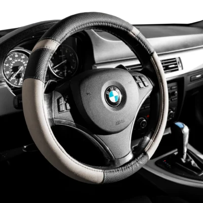 Deluxe Grey & Black Leather Steering Wheel Cover – Universal Fit